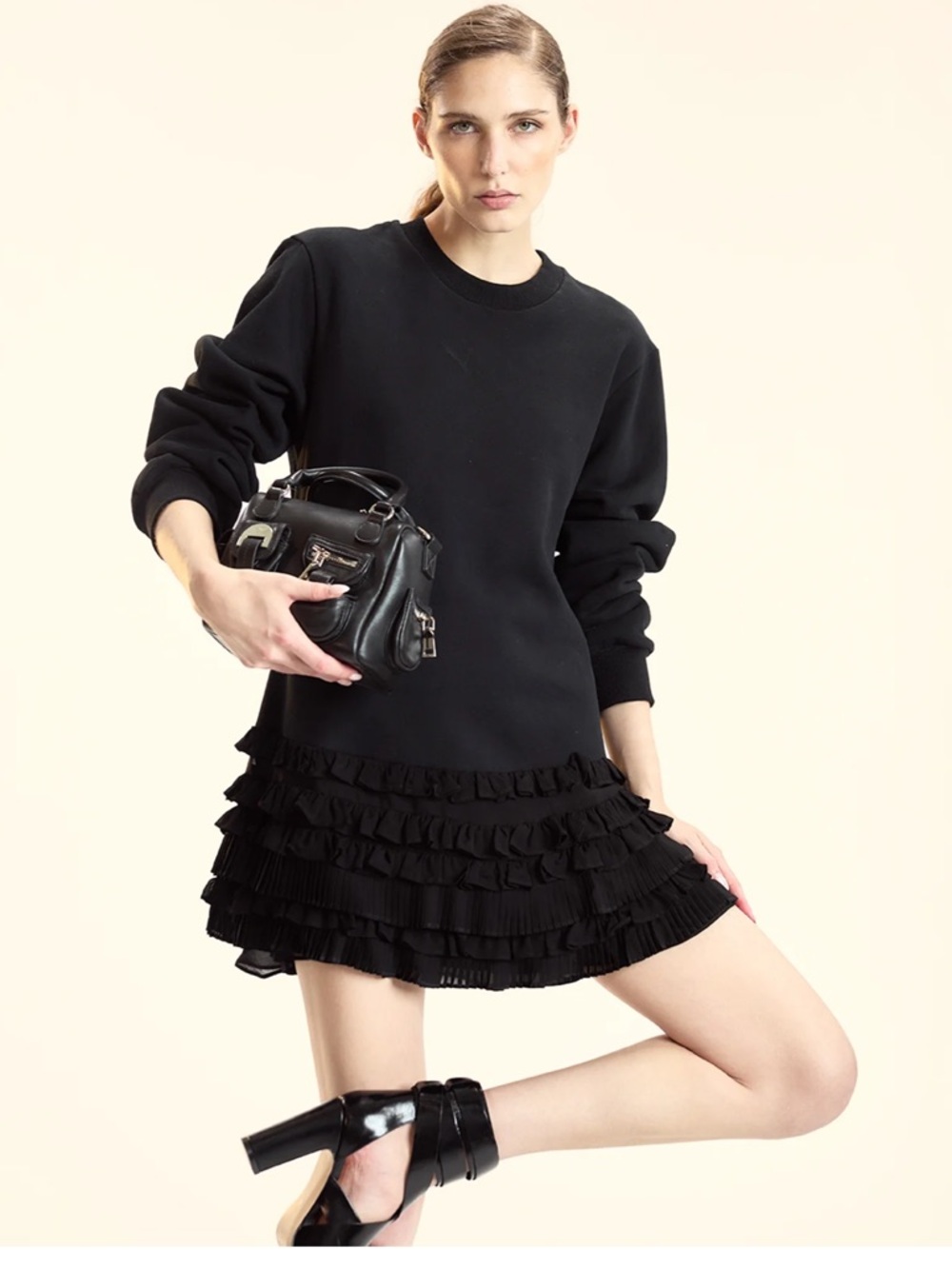 Cynthia Rowley Sweatshirt Georgette Ruffle Combo Dress Black NWT Size S